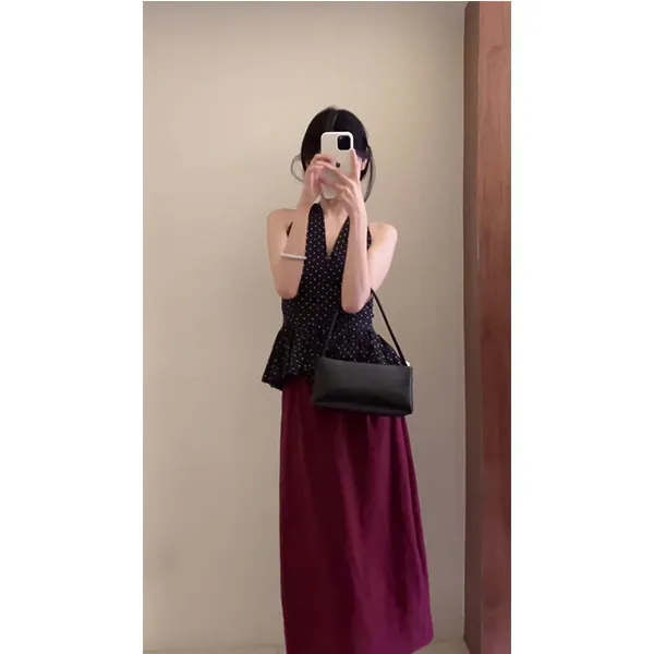 波点设计感裙摆花苞挂脖背心女夏季收腰显瘦上衣半身裙两件套装