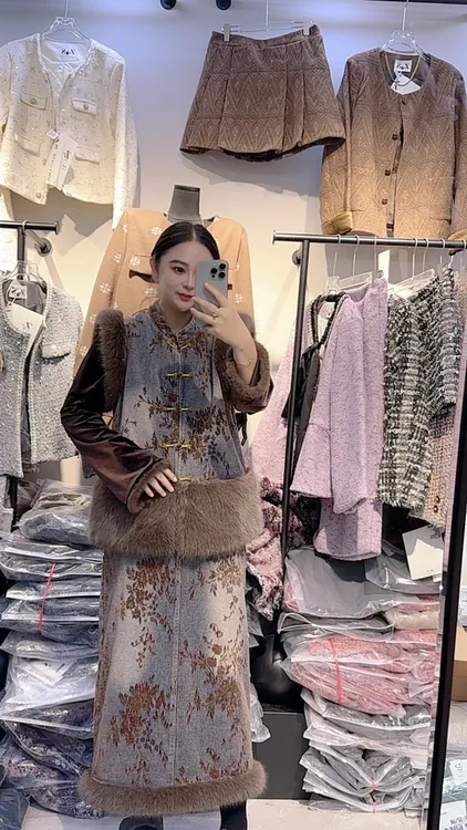 ZS966790大码改良新中式国风牛仔马甲两件套潮植绒提花高级感显瘦