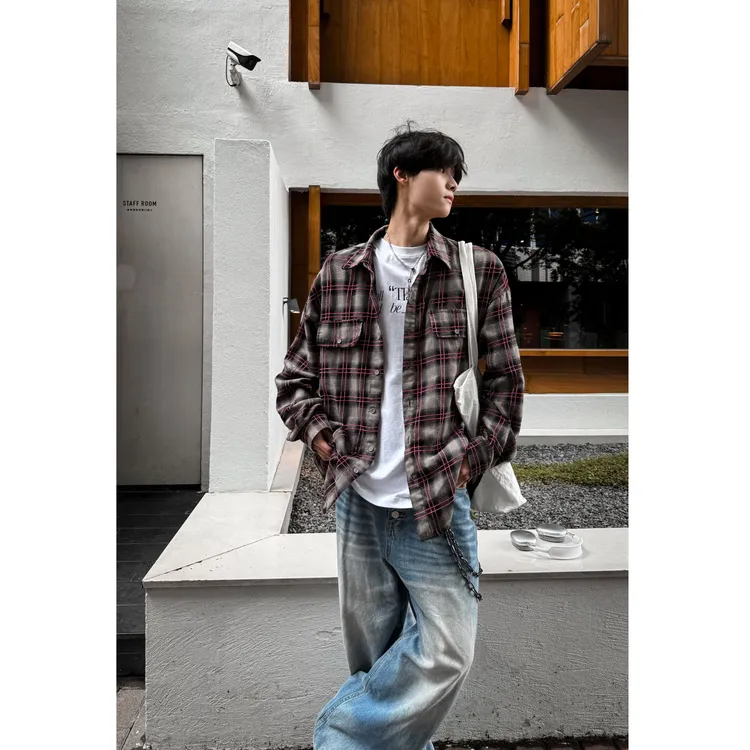 H TONIC 美式植绒格纹长袖衬衫男女高级感痞帅vintage衬衣潮外套
