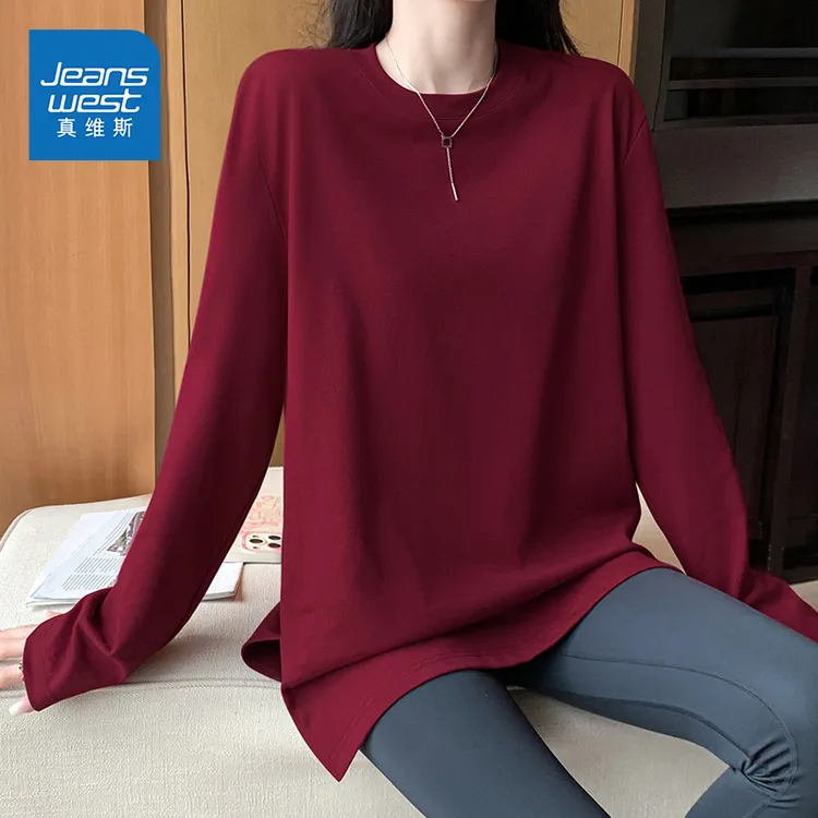 真维斯纯棉开叉t恤女长袖宽松遮屁股打底衫秋季内搭慵懒风上衣