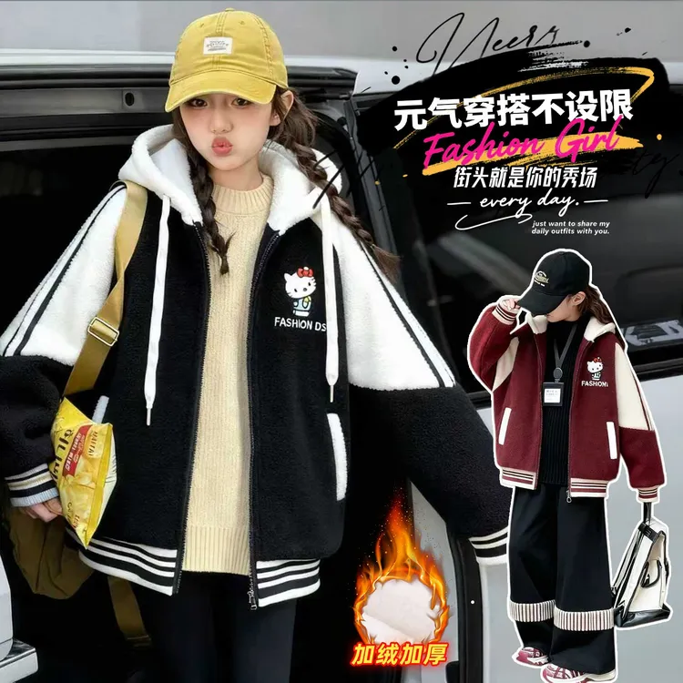 母女装女童亲子同款2025冬季新款拼色猫咪加毛加厚一件过冬毛毛衣