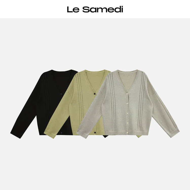 Le Samedi【晨光音律】挑孔镂空 老钱亚麻混纺纱V领针织开衫外套