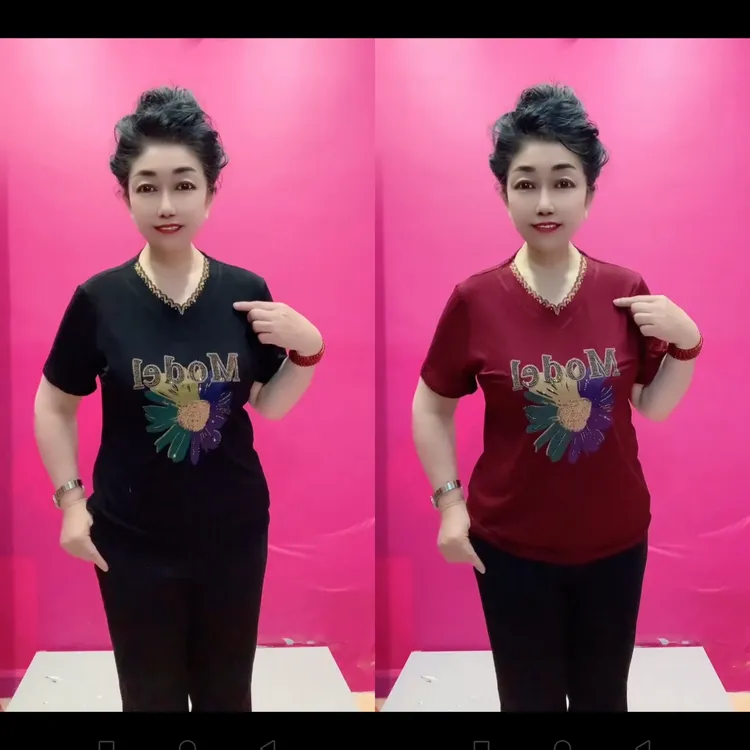 短袖常规款V领烫钻T恤百搭休闲打底