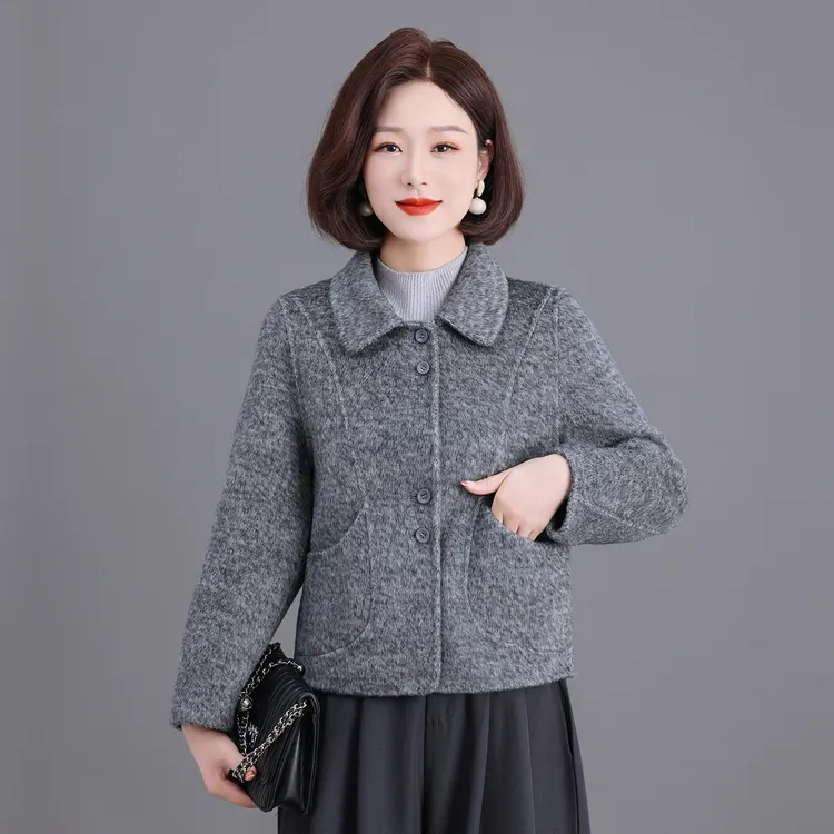 中年妈妈双面100%羊毛大衣女大衣短款新款小个子时尚显瘦毛呢外套