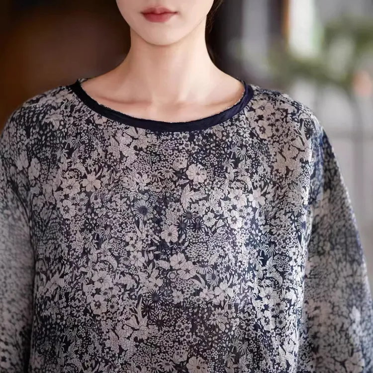 秋季新品文艺复古原创休闲藏青蓝亚麻印花中式圆领轻薄女款套头衫