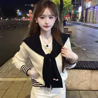 【韩版条纹拼接长袖针织毛衣搭披肩】