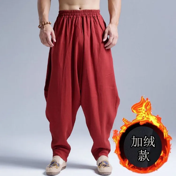 秋冬时尚垮裤加厚大裤裆男裤中国风棉麻灯笼裤禅修低档加绒练功裤