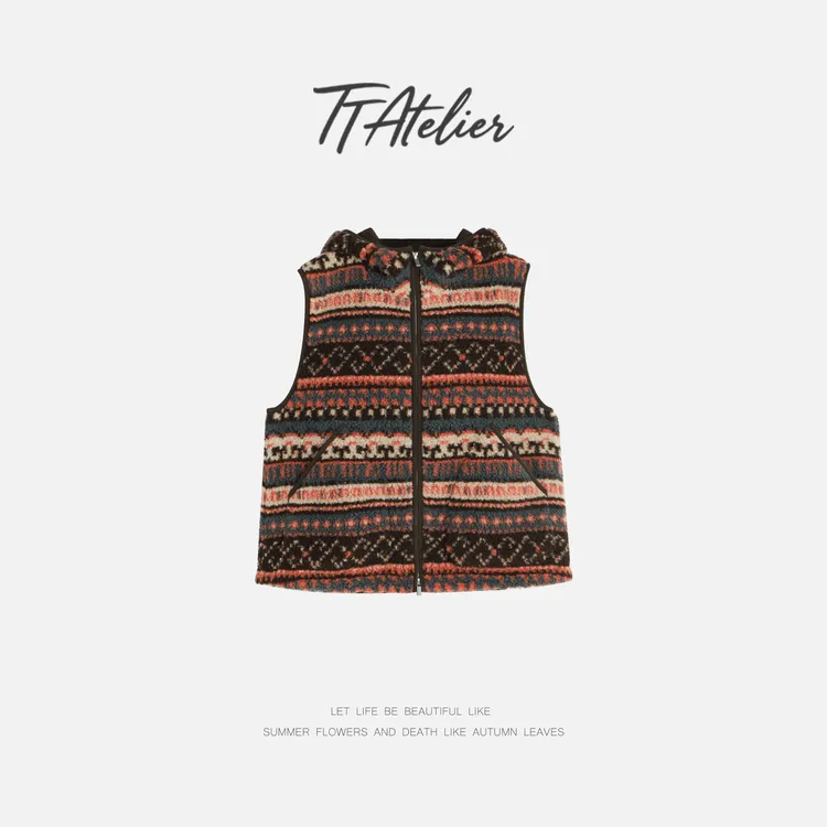 TT设计师【浪漫诗集】复古感老钱风费尔岛连帽棉马甲TT191717