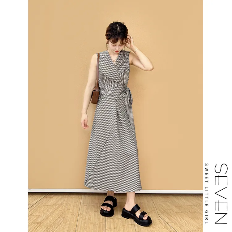 现货|首尔之旅⑧七七146小个子韩系V领显瘦格子连衣裙女夏季小美说