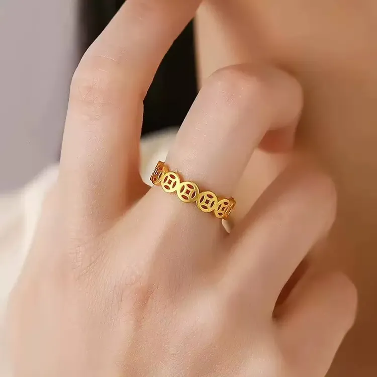 金色戒指 925 复古铜钱戒指镀银招财钱多聚财转运指环 