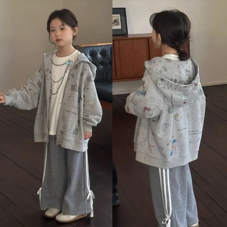 女童中大童长袖连帽开衫外套潮流时尚灰色卡通满印花儿童拉链上衣