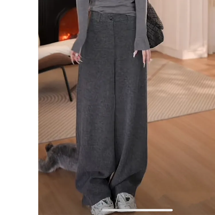 加绒毛呢料阔腿裤女秋冬2025新款宽松直筒加厚高腰垂感休闲长裤子