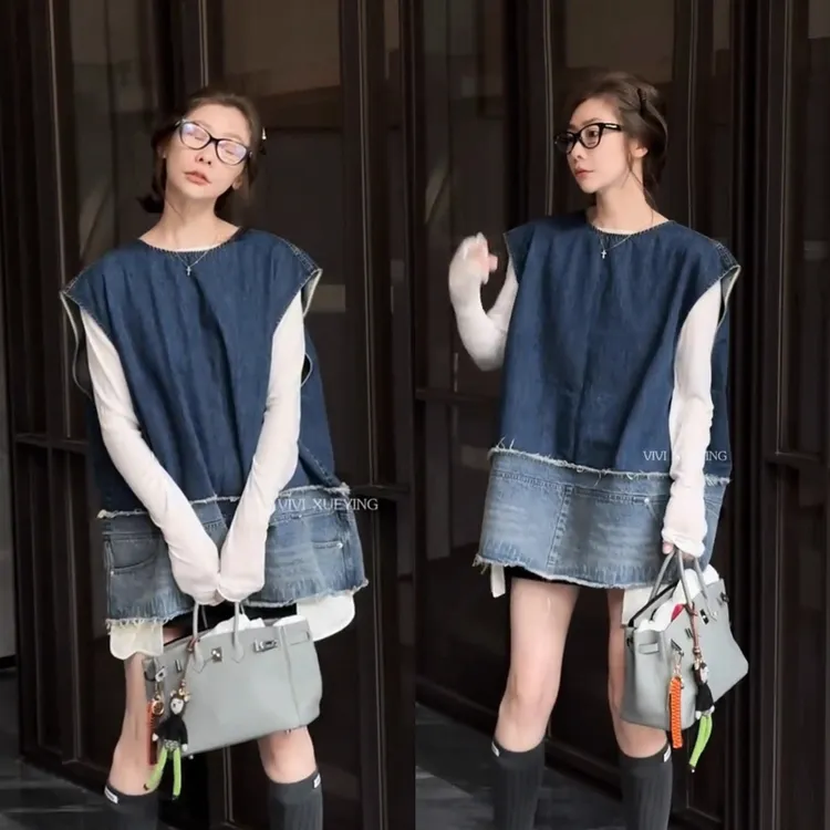 欧洲站2025春夏新款欧货韩版女圆领无袖马甲撞色宽松牛仔连衣裙潮