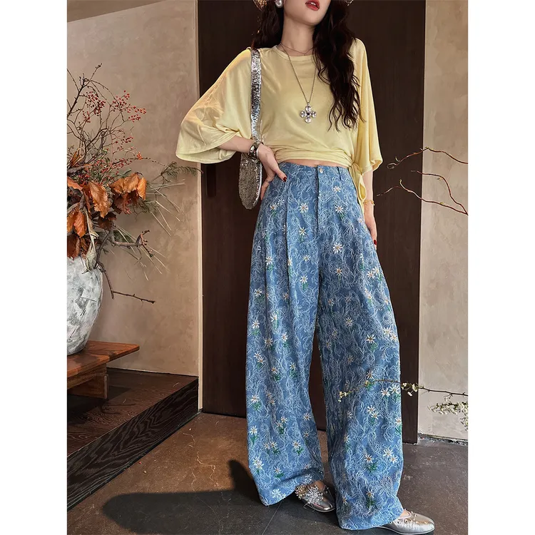 三吉黑花【花浔】新中式珠片绣提花牛仔裤女2025新款微喇阔腿长裤