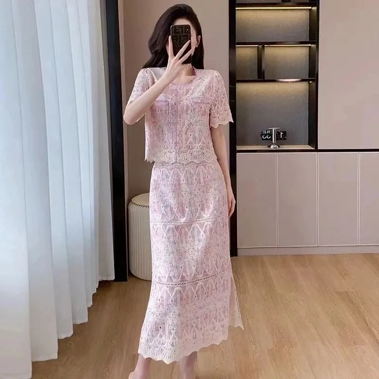 2025夏季新款甜美裙子印花蕾丝绣花长款两件套装裙气质时尚复古