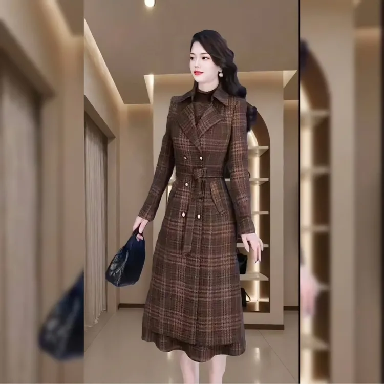 新款时尚网红气质大衣连衣裙女两件套秋冬穿搭一整套妈妈装套装裙
