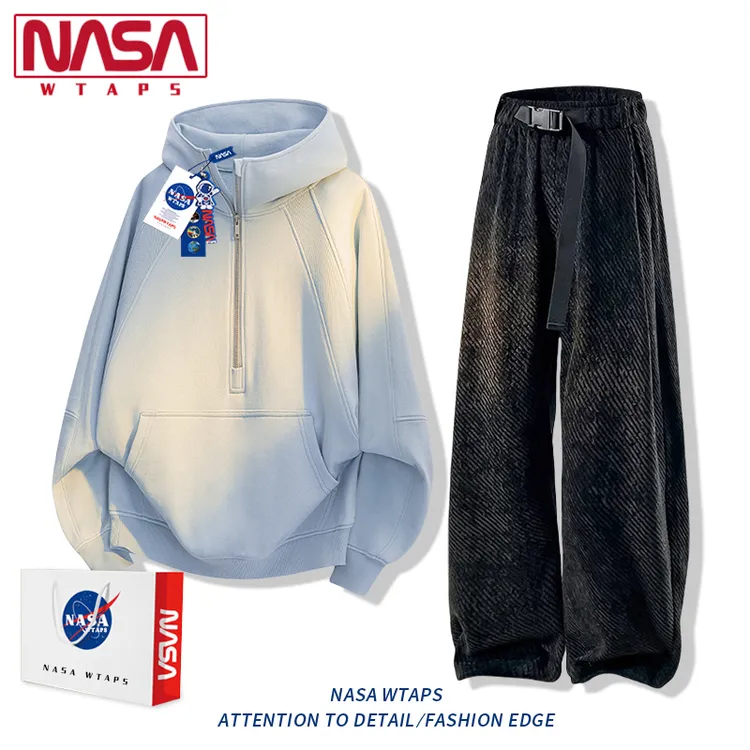 NASA WTAPS重磅硬挺卫衣套装男士春季设计感痞帅潮牌半拉链两件装