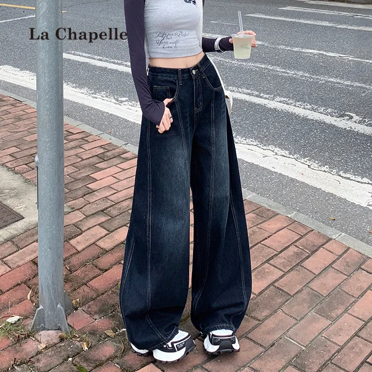 拉夏贝尔秋装美式蓝灰刺绣弯刀阔腿牛仔裤女高腰直筒宽松拖地长裤