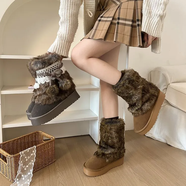小个子废土风可爱毛毛棉鞋女2025冬季加绒保暖中筒厚底增高雪地靴