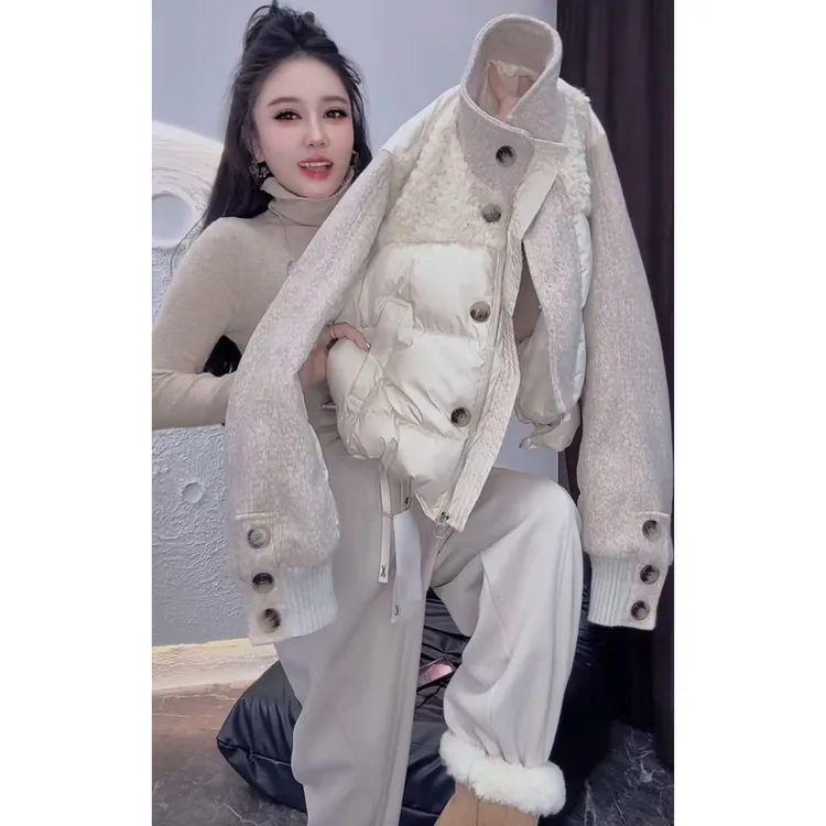 【现货】今年流行穿搭2025秋冬新款纽扣棉服休闲风拼接针织长袖外套