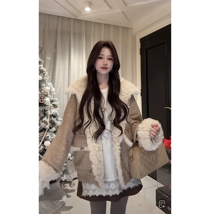 鱼er【太妃糖糖】设计师高定/羊毛裙特种纱亮片翻领毛毛夹棉外套