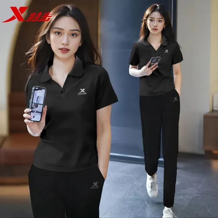 特步运动套装女夏季polo翻领短袖长裤透气休闲九分裤显瘦百搭女士