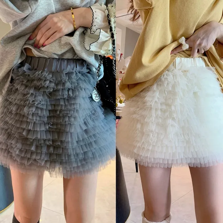 2025韩系秋松紧腰层层网纱木耳边蛋糕短裙防走光短裤百搭半身裙