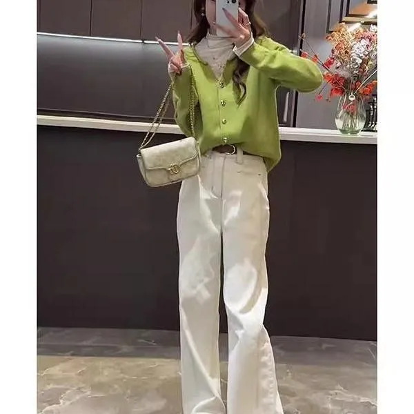 早秋搭配一整套2025针织开衫牛仔阔腿裤两件套时尚洋气时髦套装女