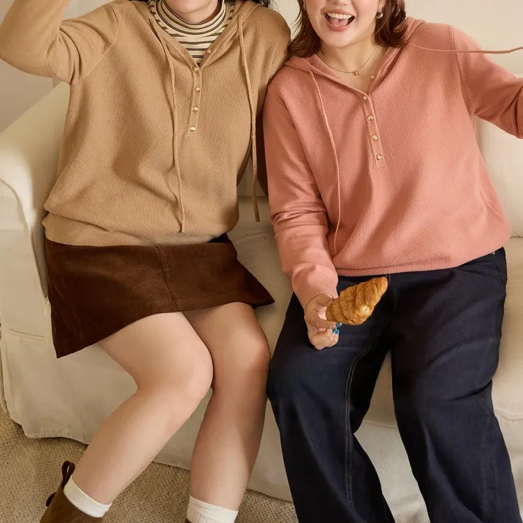 大码秋冬纽扣连帽纯色慵懒韩版时尚胖mm套头百搭宽松女长袖针织衫