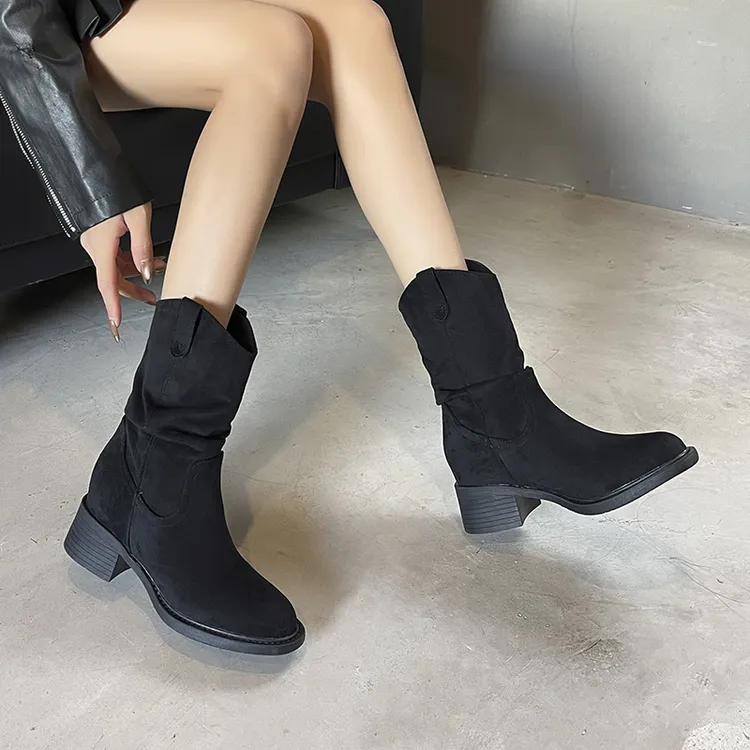秋冬新款马丁靴绒面短靴中筒高跟粗跟粘胶鞋中筒靴显瘦堆堆靴女靴