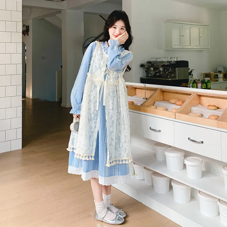 镂空罩衫叠穿格子连衣裙女2025春秋季设计感超好看甜美减龄两件套