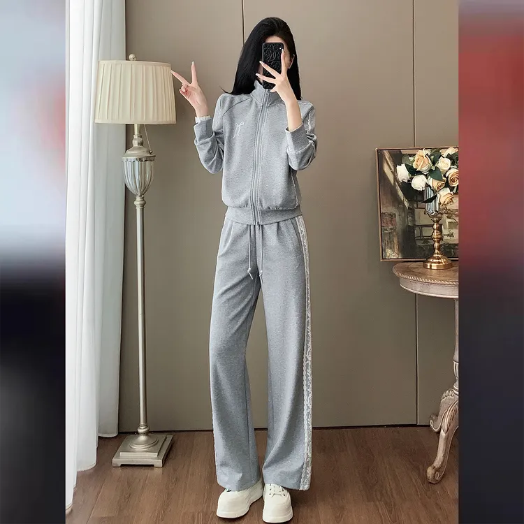 盐系高级感时尚洋气质套装女初秋新款立领拼接长袖上衣阔腿裤两件