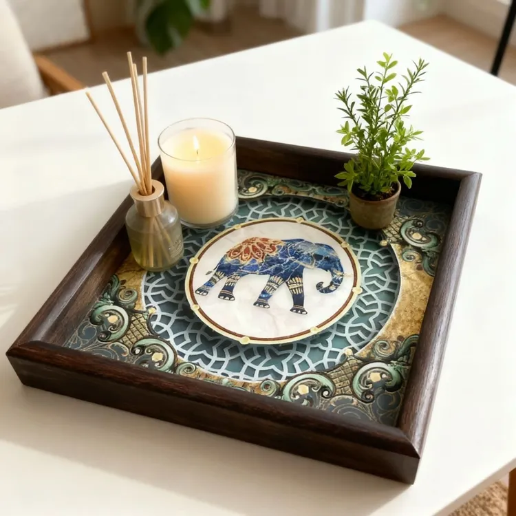 高端吉祥大象托盘东南亚复古胡桃色木质托盘客厅桌面茶盘茶杯盘zk