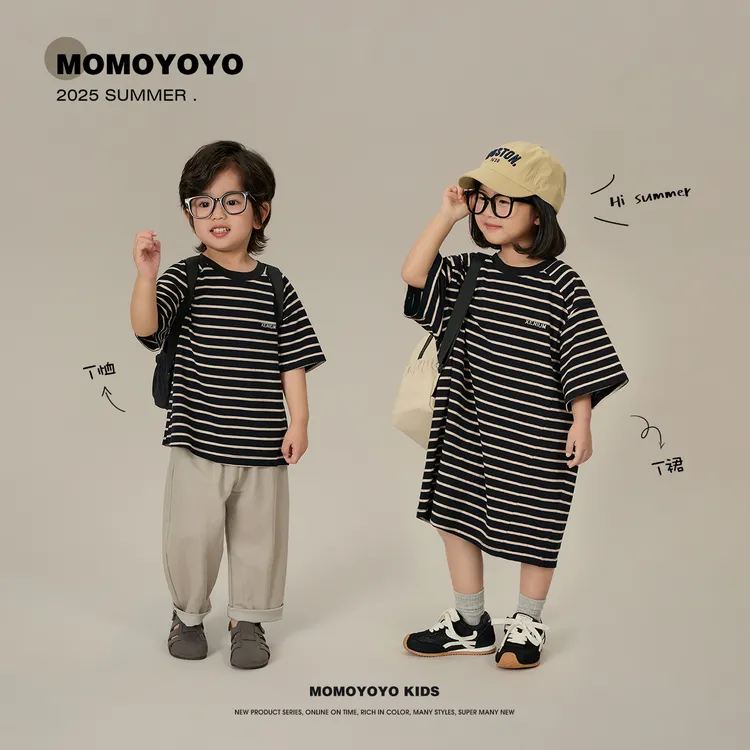 辰辰妈【条纹爱好者】夏季儿童时尚宽松休闲条纹T恤T裙8126X/8136X