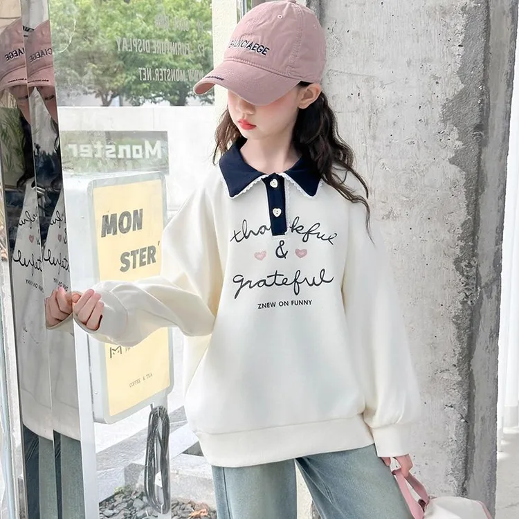 女童中大童撞色polo领纽扣卫衣时髦洋气春秋薄款拼接字母儿童上衣