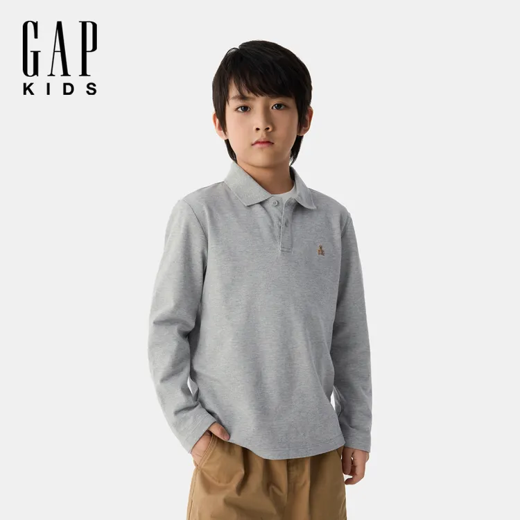 Gap男童2025春夏新款小熊刺绣休闲polo衫儿童装翻领长袖T恤687704