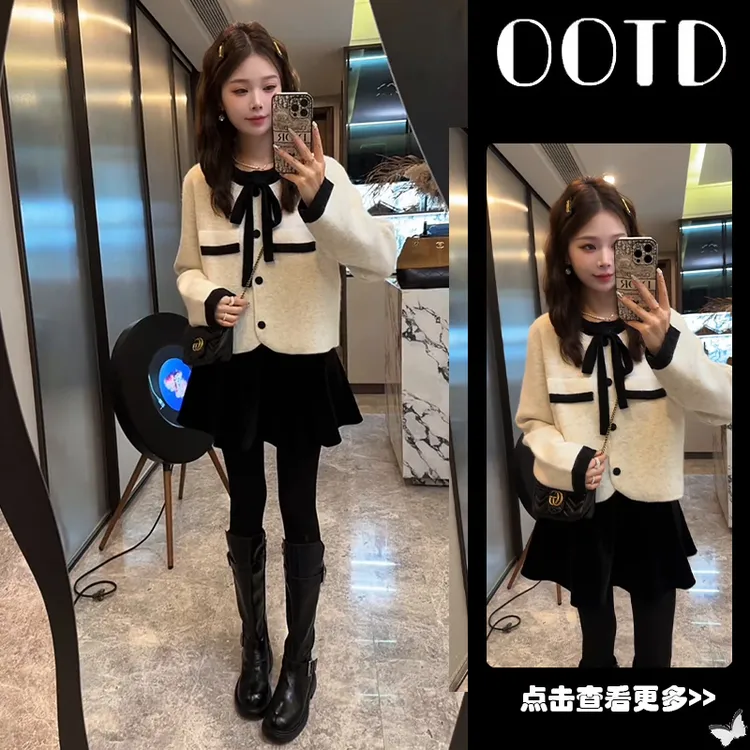 超火秋季穿搭一整套女2025新款圆领蝴蝶结针织开衫百搭短裙两件套