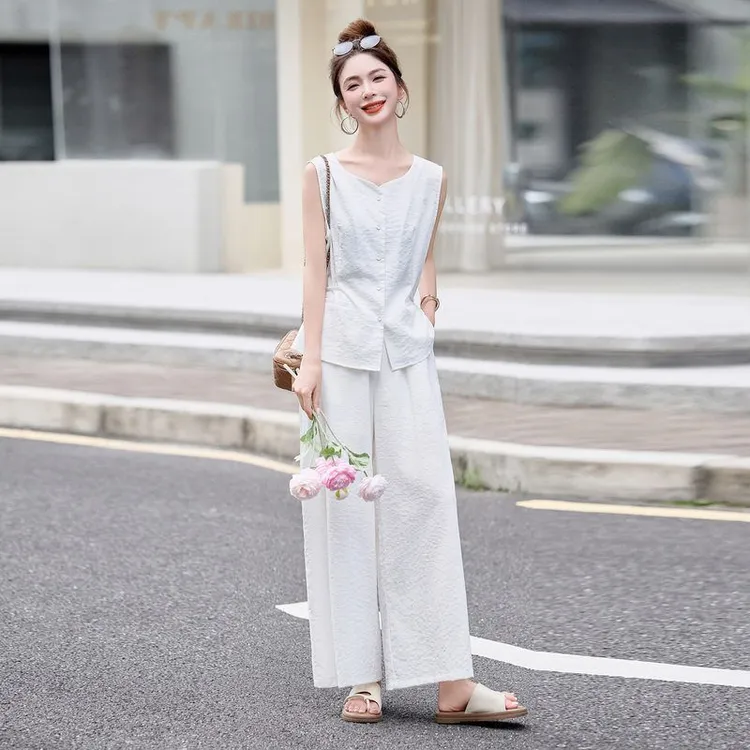 财阀千金时尚套装女2025新款夏季洋气气质休闲宽松上衣阔腿裤两