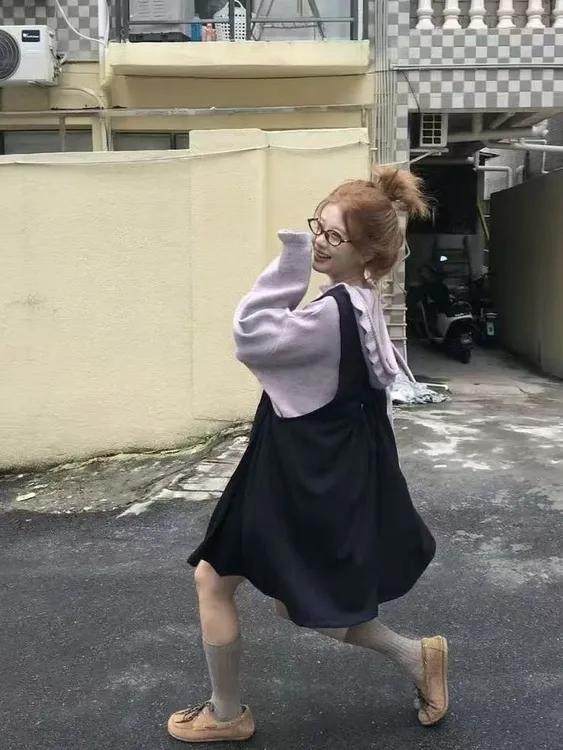 韩系复古套装连帽针织软糯宽松毛衣女秋季百搭休闲背带裙两件套潮