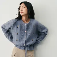same flow长袖毛针织衫百搭针织衫秋冬刺绣花朵毛衣开衫