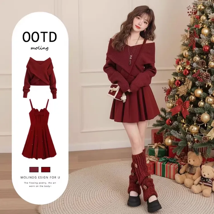 新年穿搭超好看的冬装红色上衣连衣裙2026超火穿搭一整套新年战袍