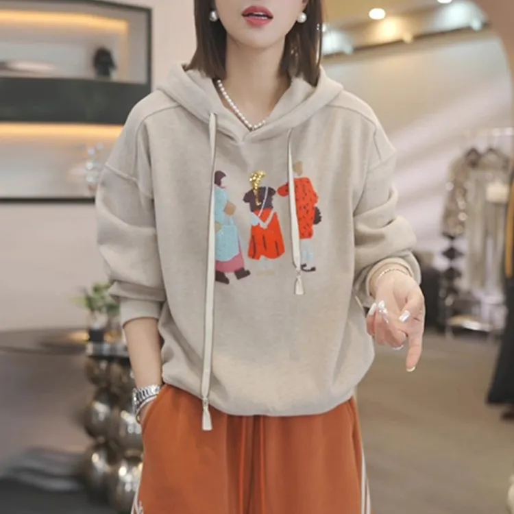 韩系时尚潮流连帽印花长袖卫衣女2025秋冬季新款加绒加厚保暖上衣