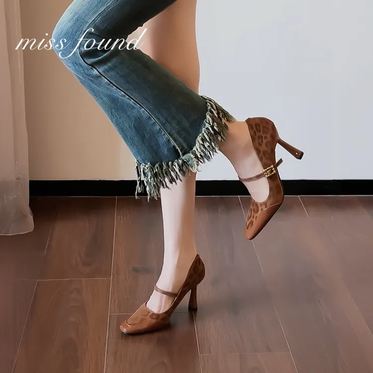 方头豹纹玛丽珍一字带单鞋法式气质高跟鞋女粗跟尖头2025新款秋冬