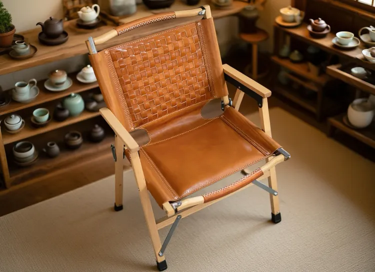 【克米特】真皮实木编织椅 复古茶空间主位 实木折叠户外露营休闲椅