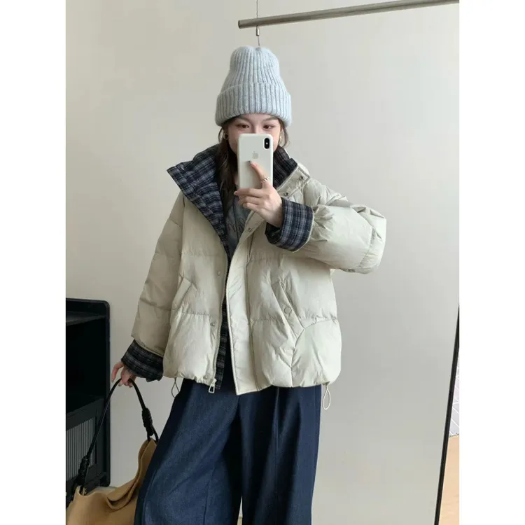 DUCURNO拼接格子羽绒服女冬季2026新款休闲气质加厚保暖短款外套