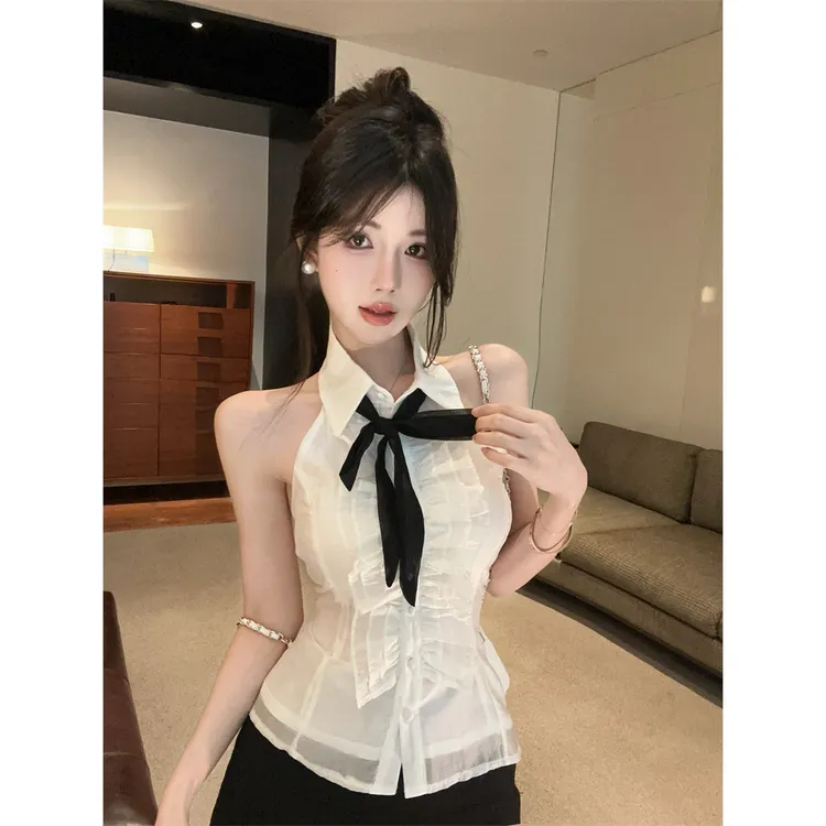 法式纯欲辣妹性感蝴蝶结无袖白色衬衫气质设计感木耳边露背上衣女