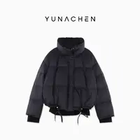 菠萝宝宝yuna【怦然心动】90白鹅绒抽绳立领牛仔拼接短款羽绒服YL15