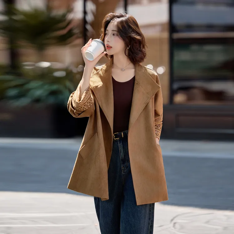 2025秋季新款高级感美拉德穿搭小个子收腰显瘦鹿皮绒风衣爆款外套