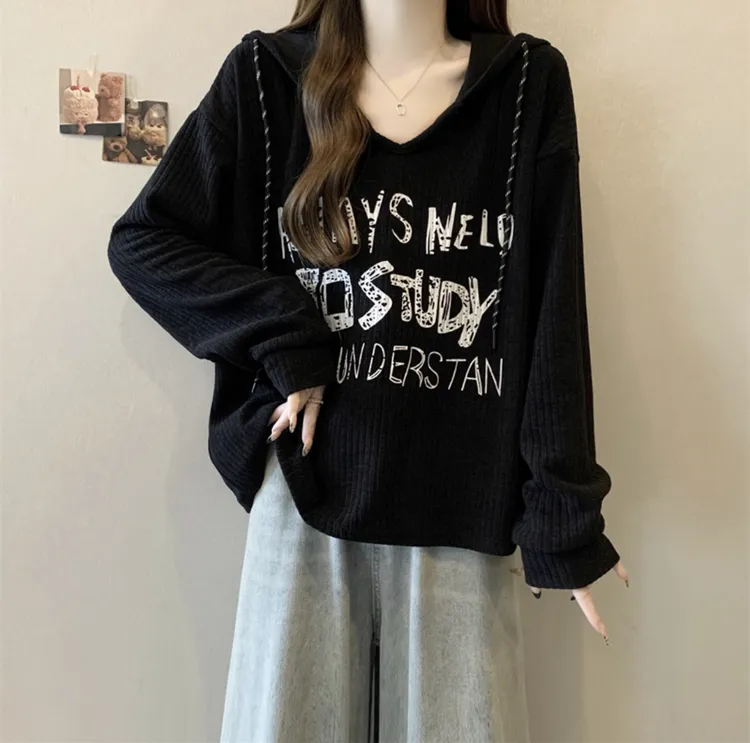 大码女装遮肚子慵懒风印花长袖卫衣女春秋胖妹妹宽松显瘦连帽上衣