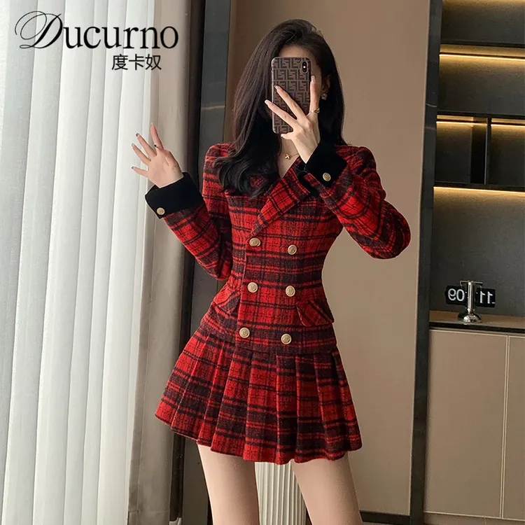 2025年秋季新款女装小香风高级感红色洋装女秋季小众设计西装裙